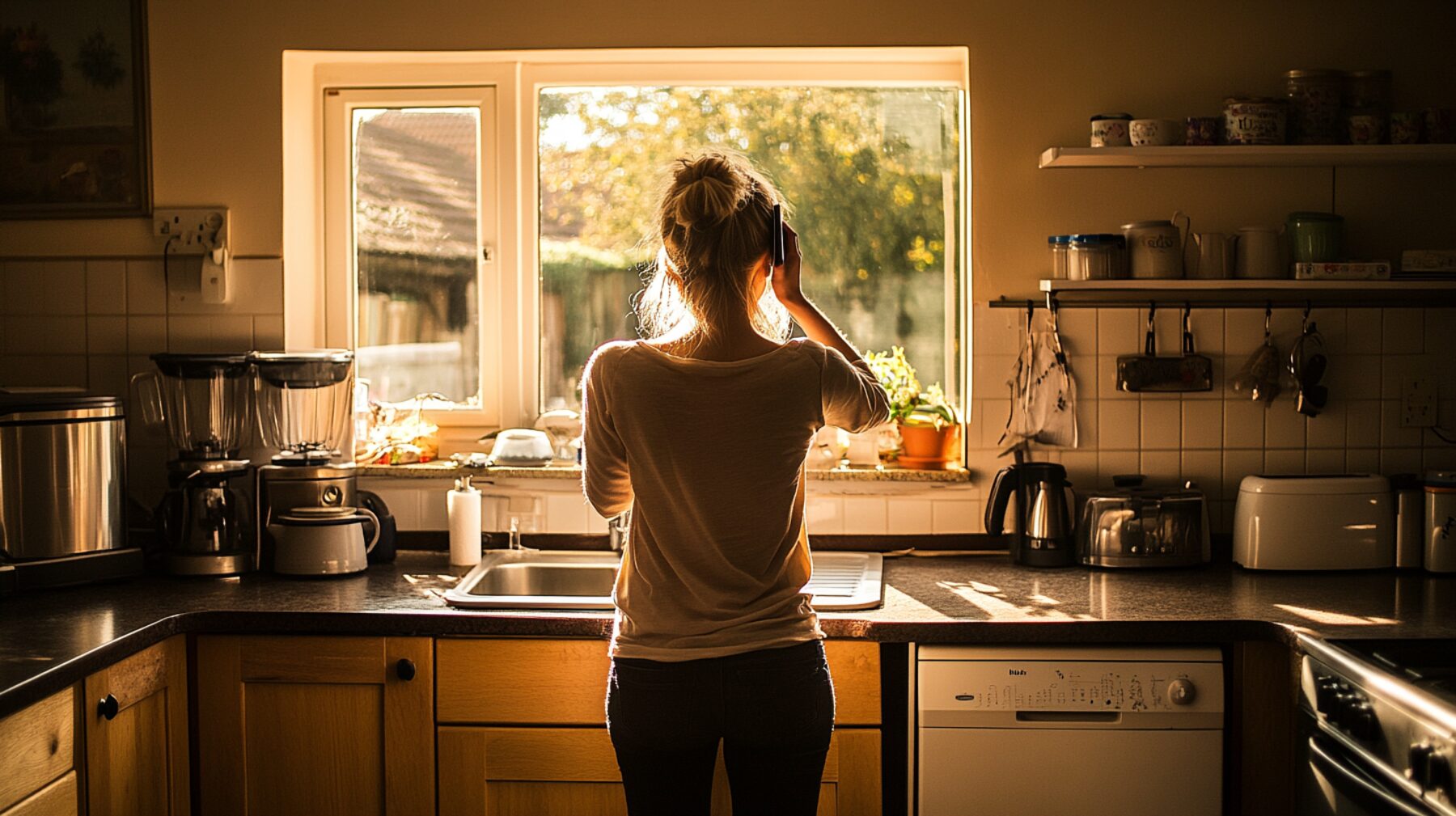 A woman stands at her kitchen sink on a phone call, backlit by warm afternoon light through the window.