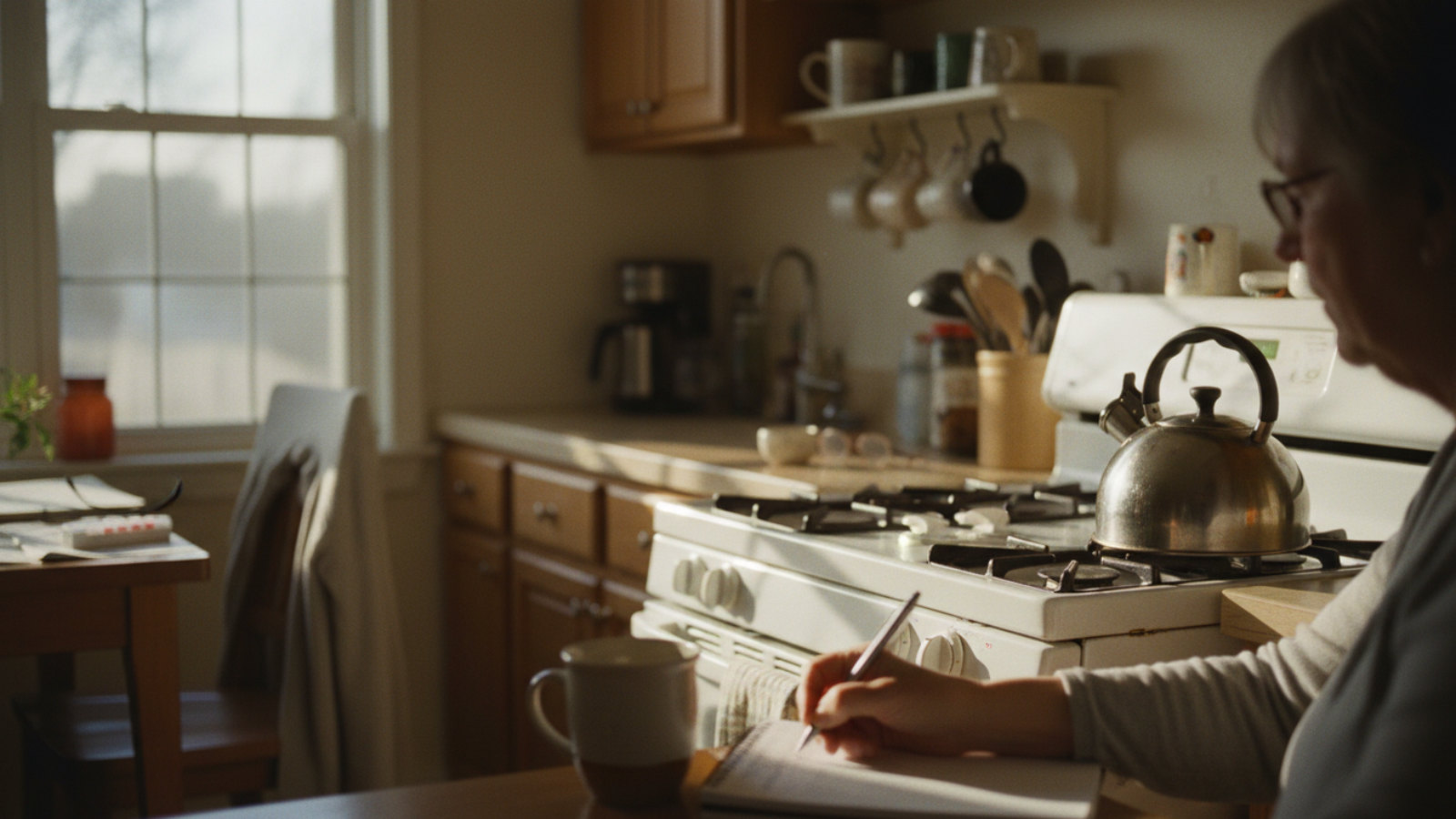 A scorched kettle on a stove beside a notepad where a daughter jots down small observations.