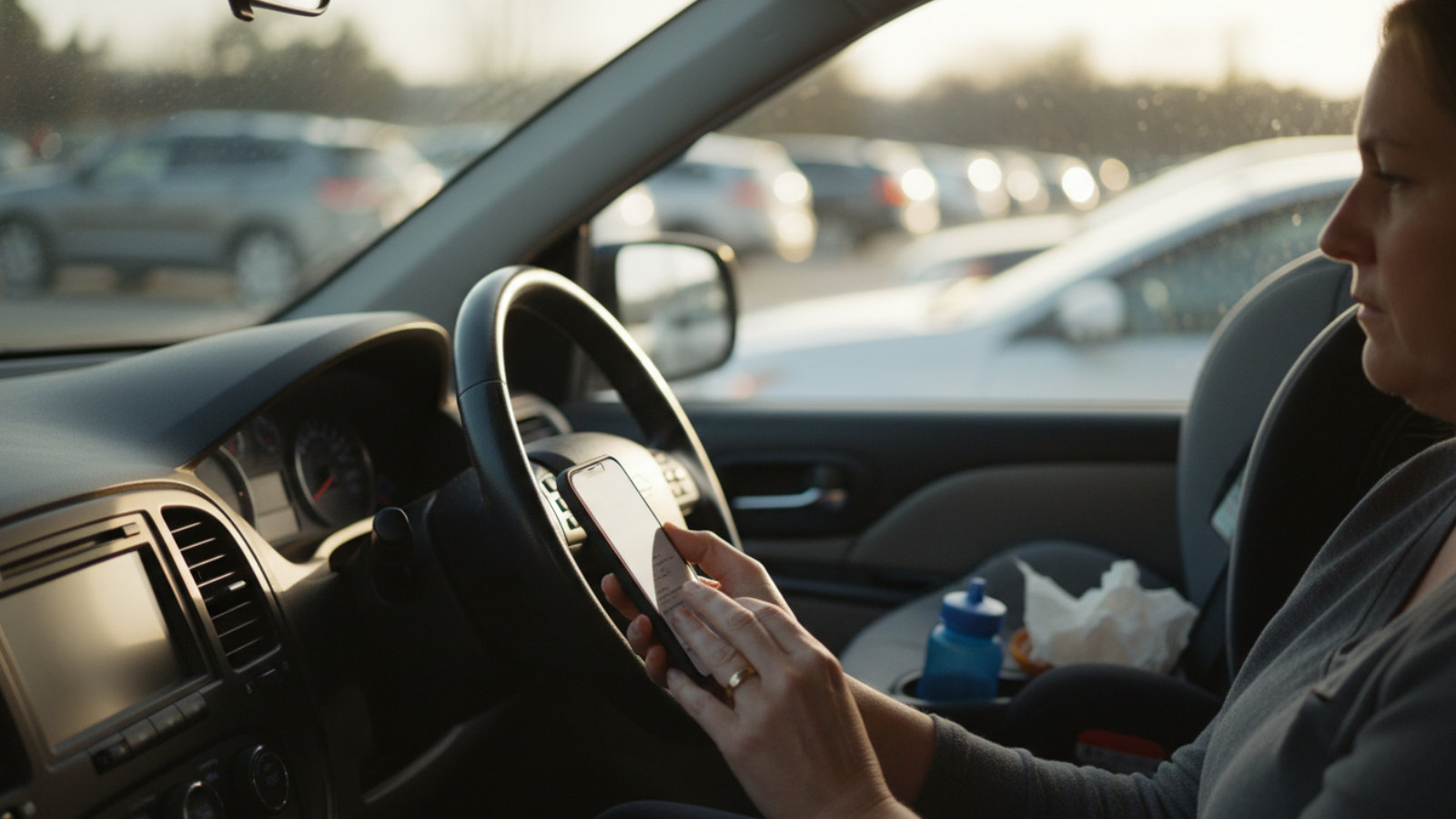 A hand holds a glowing phone against a steering wheel in a pickup line, child's seat visible behind.