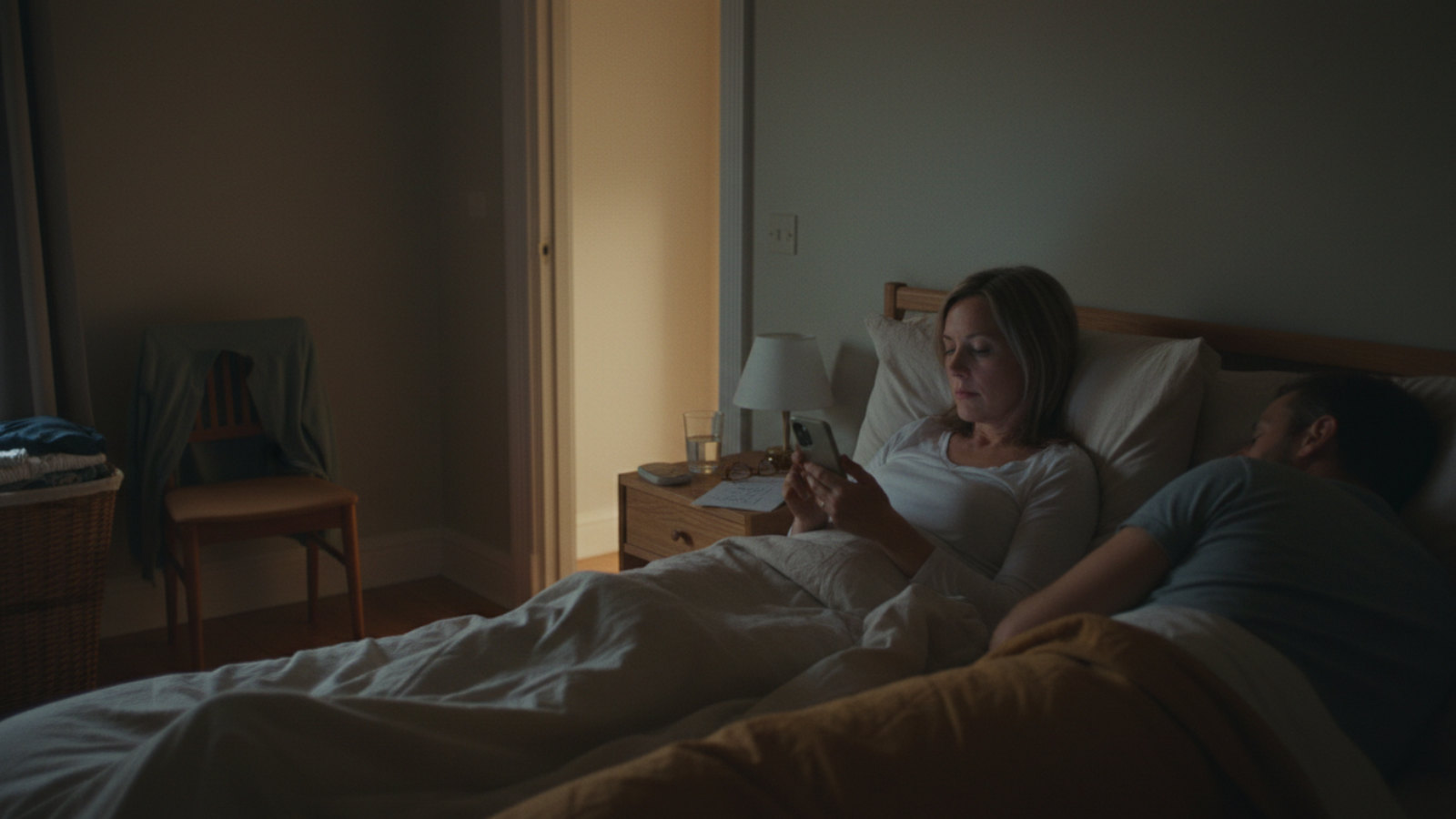 Woman scrolls phone late at night in bed while her husband sleeps beside her, nightstand items softly lit.