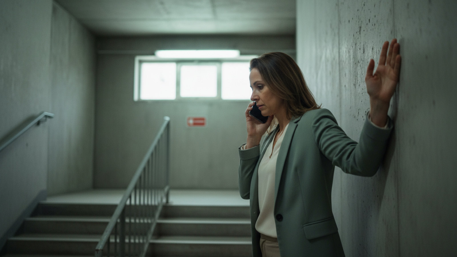 Caregiver takes a call from her mother in an office stairwell, hand braced on the wall.