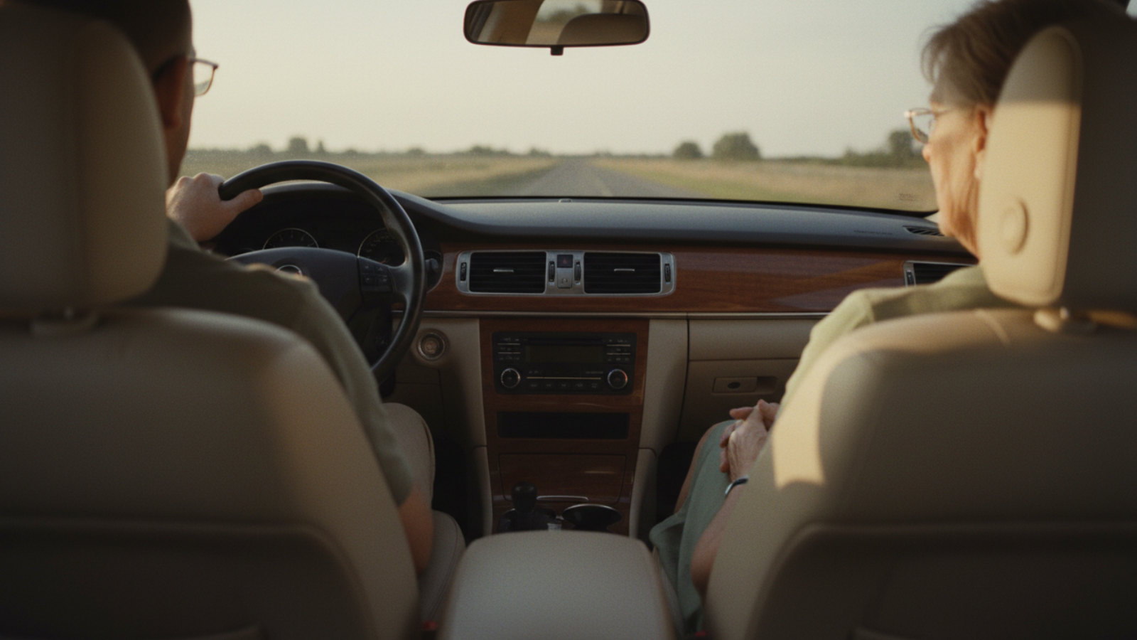 A driver's hand on the wheel and an older passenger's folded hands, lit by golden afternoon light in a car.