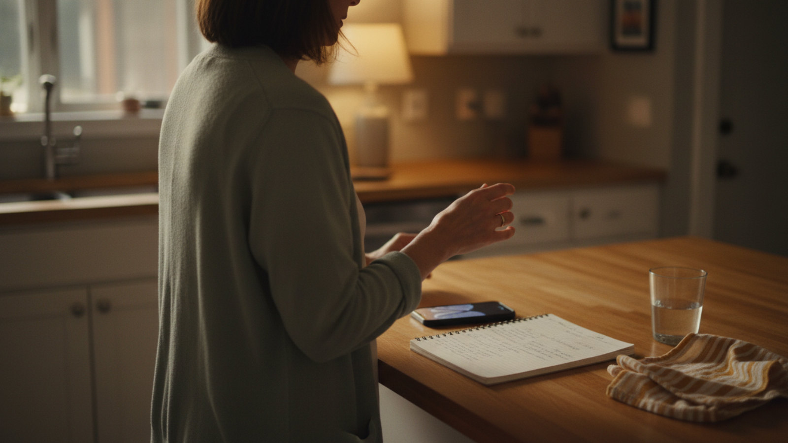 A hand hovers between a phone and a split notepad on a kitchen counter at dusk, deciding who to call.